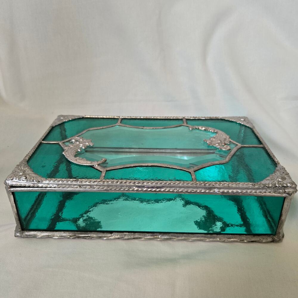 Teal Green Stained Glass Mirrored Jewelry Box Trinket Box Beveled and Waterglass